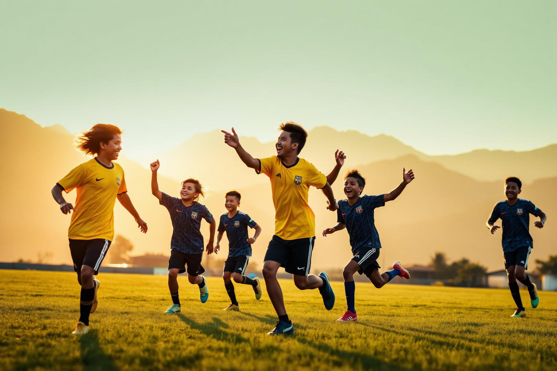 PCFC youth players celebrating at golden hour in Bukidnon